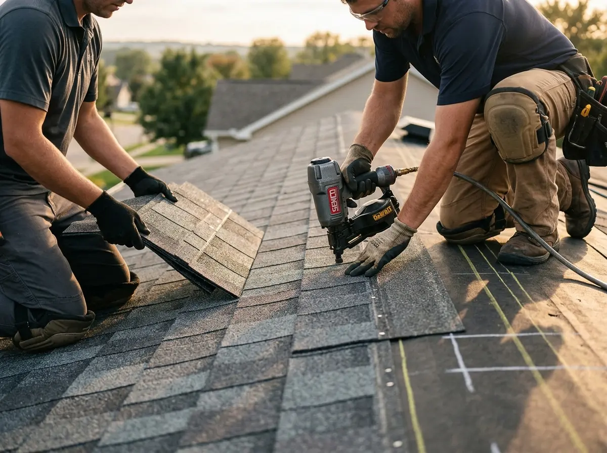 Professional roofer working on a residential roof in Bulverde